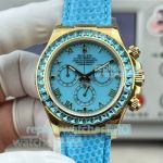 Swiss Replica Rolex Beach Daytona Diamond Bezel Baby Blue Leather Strap Watch 40mm 